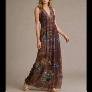 Johnny Was Brown Embroidered Floral V neck Sheer Ruffled Detail Maxi Dress